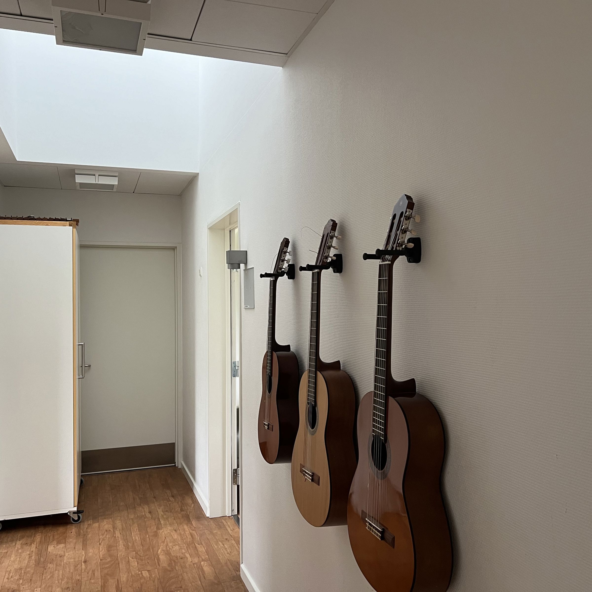 Familiehuset Bisgård Gang med ovenlys og guitarer ophængt på væggen