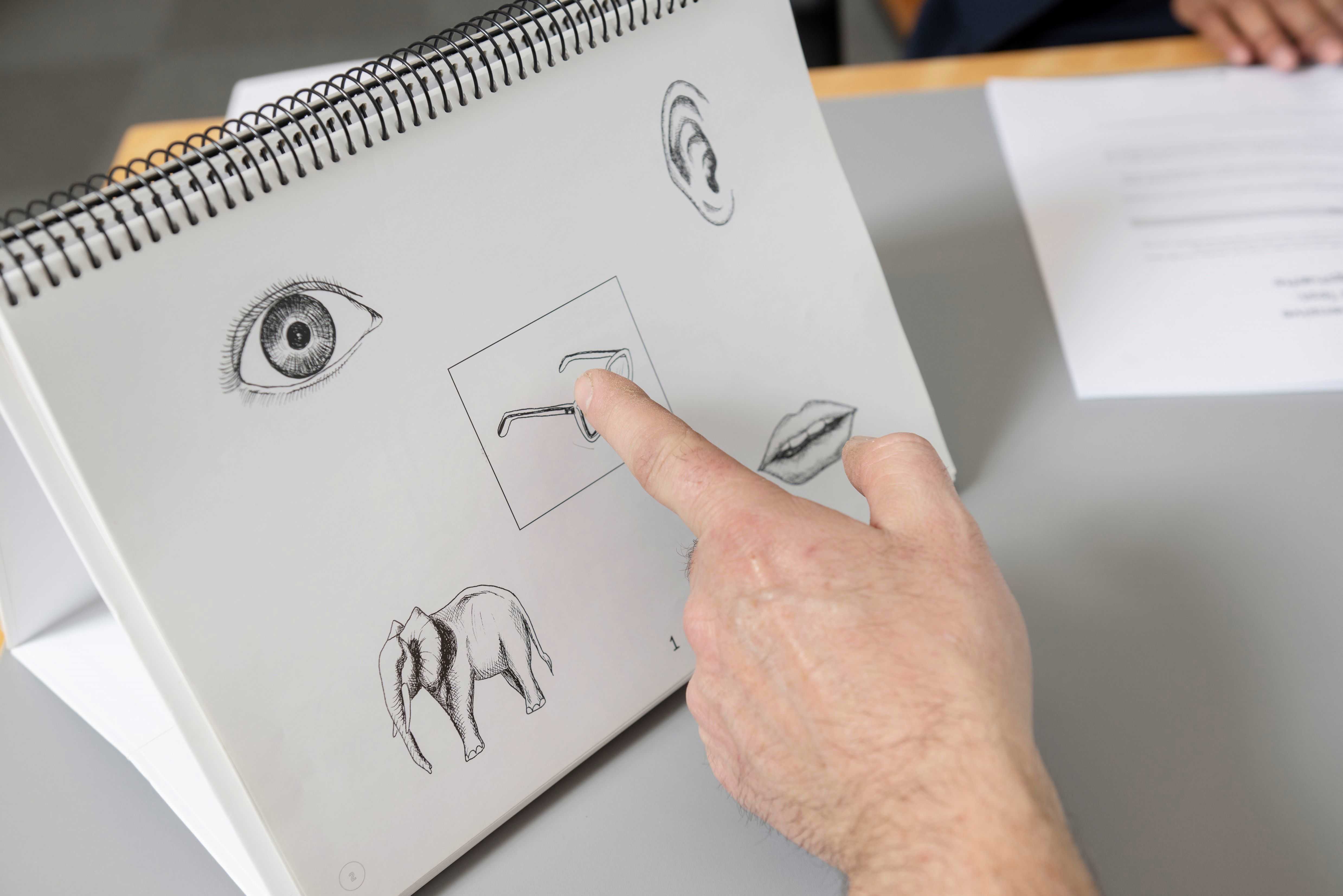 Finger der peger på en tegning med briller