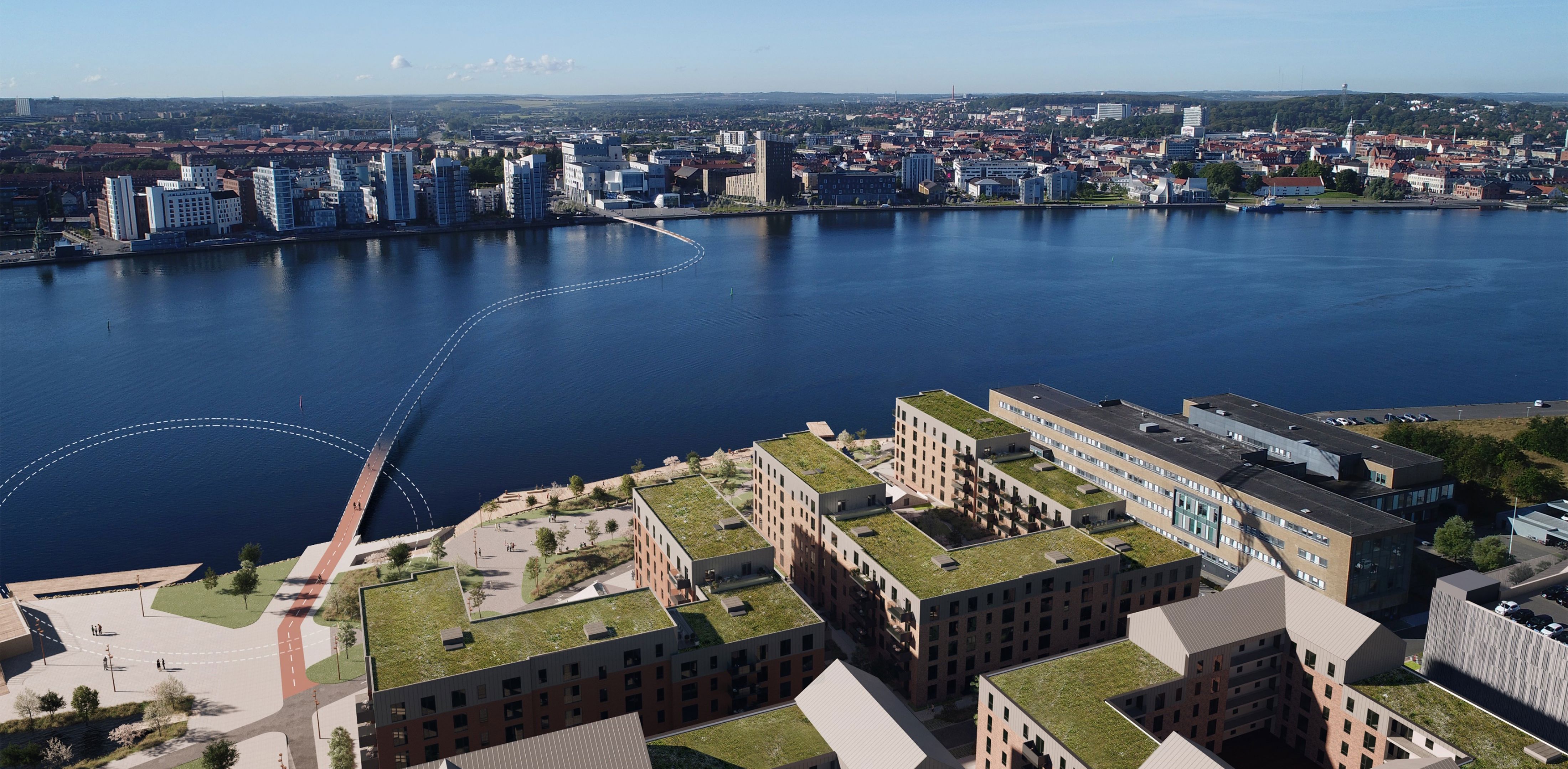 Visualisering af slynget bro over Limfjorden mellem Stigsborg Brygge og Musikkenshus